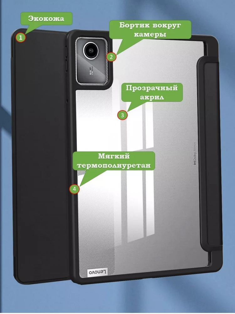 Чехол с прозрачной задней крышкой для Lenovo Xiaoxin Pad 2024, Lenovo Tab M11 (черный), прозр. акрил