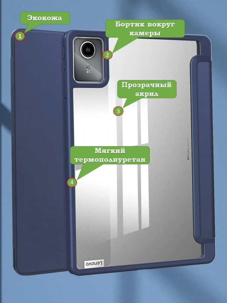 Чехол с прозрачной задней крышкой для Lenovo Xiaoxin Pad 2024, Lenovo Tab M11 (темно-синий), прозр. акрил