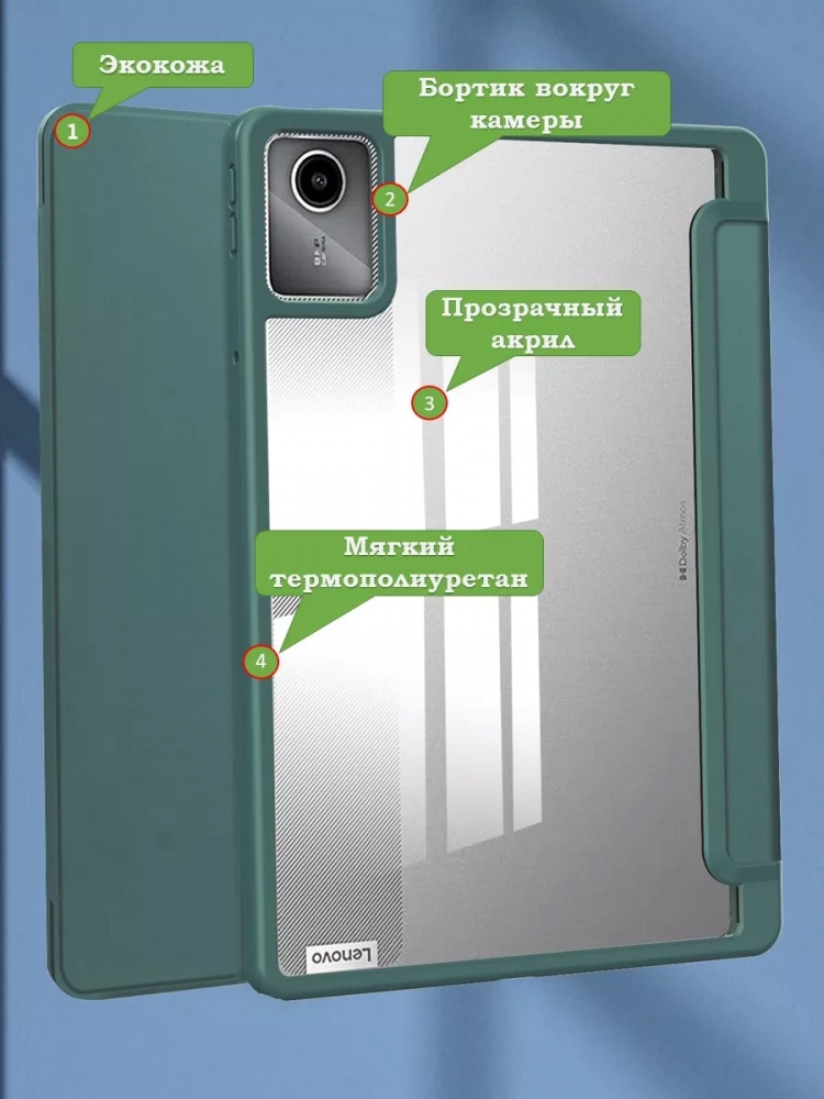 Чехол с прозрачной задней крышкой для Lenovo Xiaoxin Pad 2024, Lenovo Tab M11 (темно-зеленый), прозр. акрил Чехол с прозрачной задней крышкой для Lenovo Xiaoxin Pad 2024, Lenovo Tab M11 (темно-зеленый), прозр. акрил