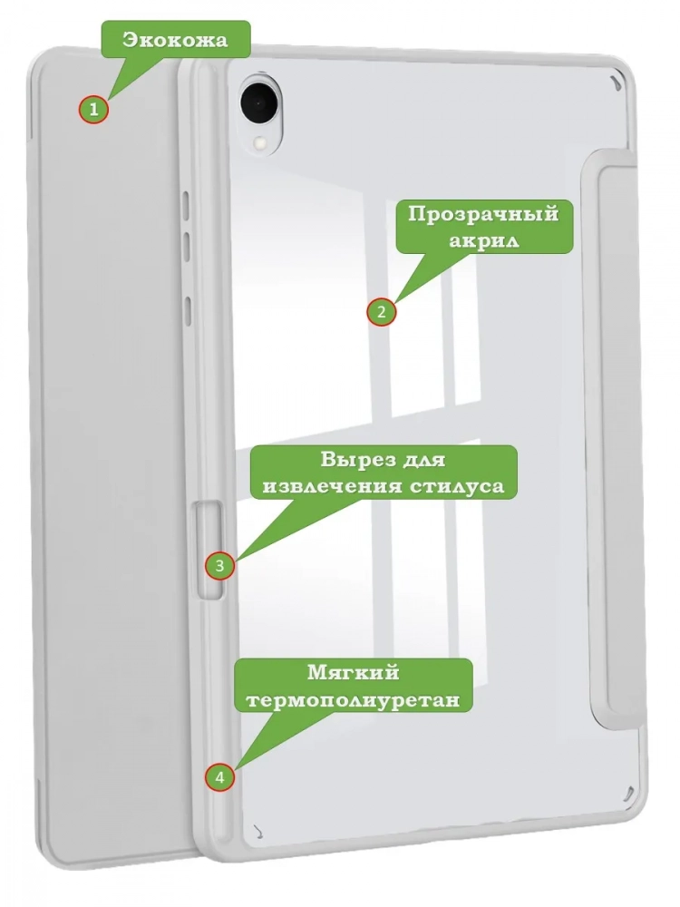 Чехол с прозрачной задней крышкой для Samsung Galaxy Tab S11 (светло-серый), прозр. акрил