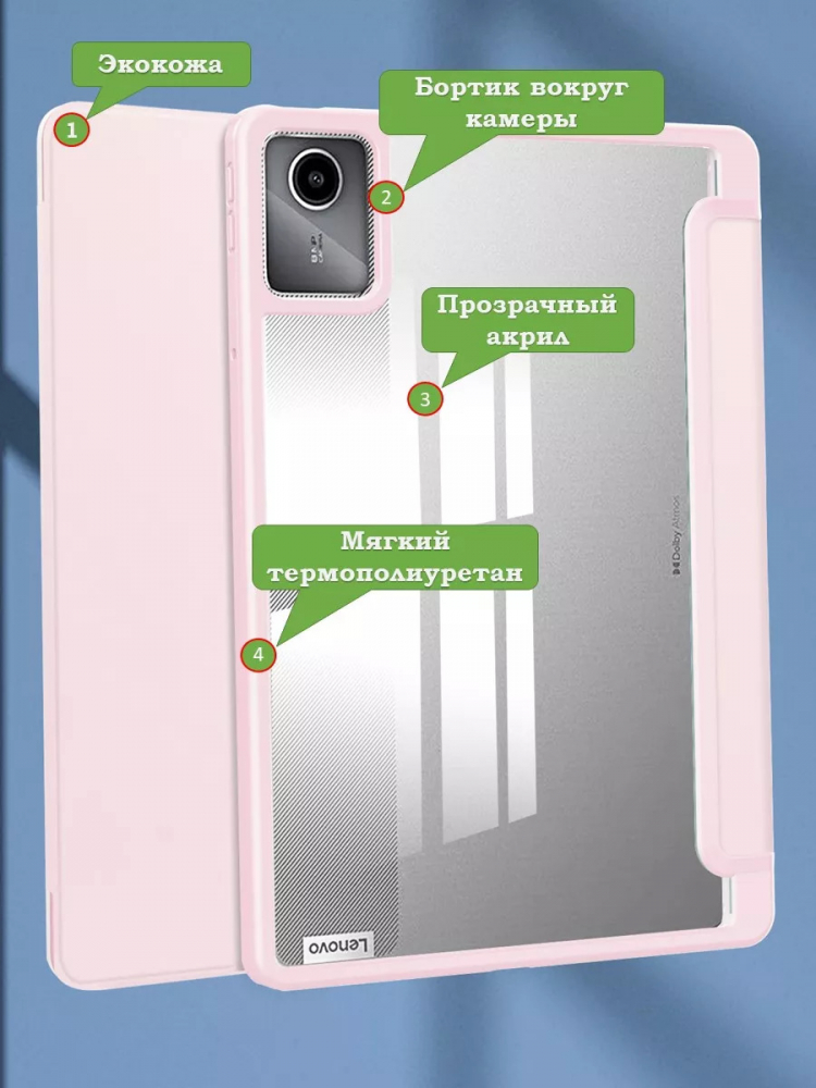 Чехол с прозрачной задней крышкой для Lenovo Xiaoxin Pad 2024, Lenovo Tab M11 (розовый), прозр. акрил