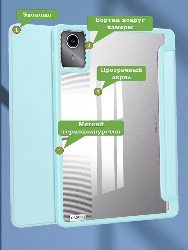 Чехол с прозрачной задней крышкой для Lenovo Xiaoxin Pad 2024, Lenovo Tab M11 (голубой), прозр. акрил