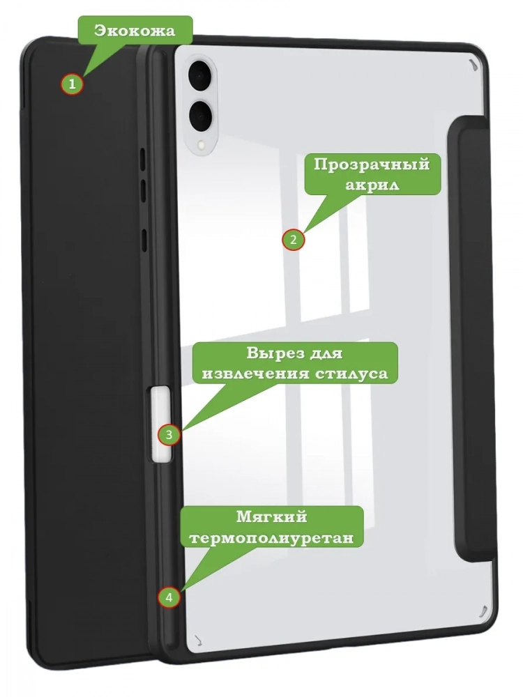 Чехол с прозрачной задней крышкой для Samsung Galaxy Tab S11 Ultra (черный), прозр. акрил