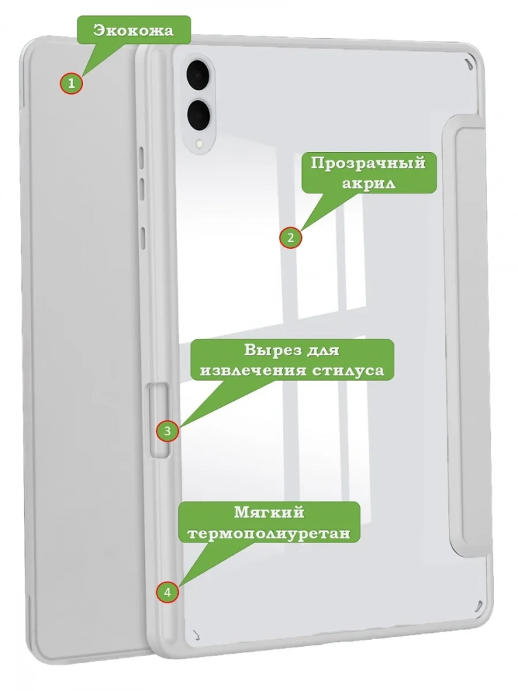 Чехол с прозрачной задней крышкой для Samsung Galaxy Tab S11 Ultra (светло-серый), прозр. акрил